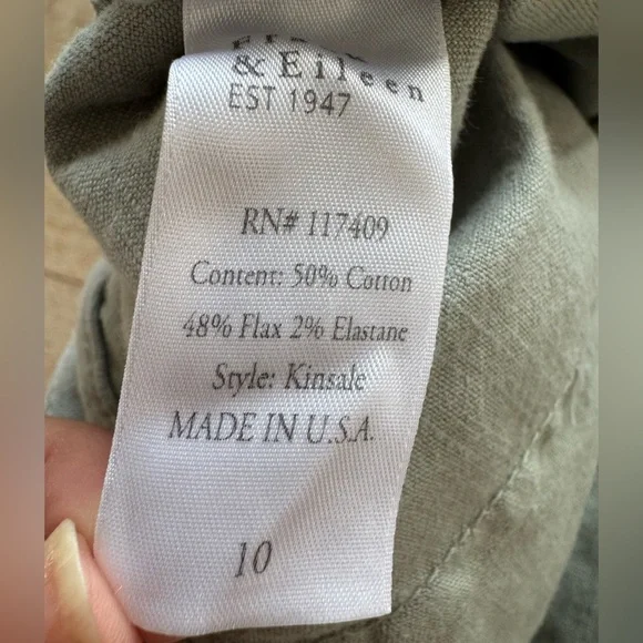 Frank & Eileen Kinsale Trouser Italian Performance Linen Sage Size 10 - Picture 8 of 9